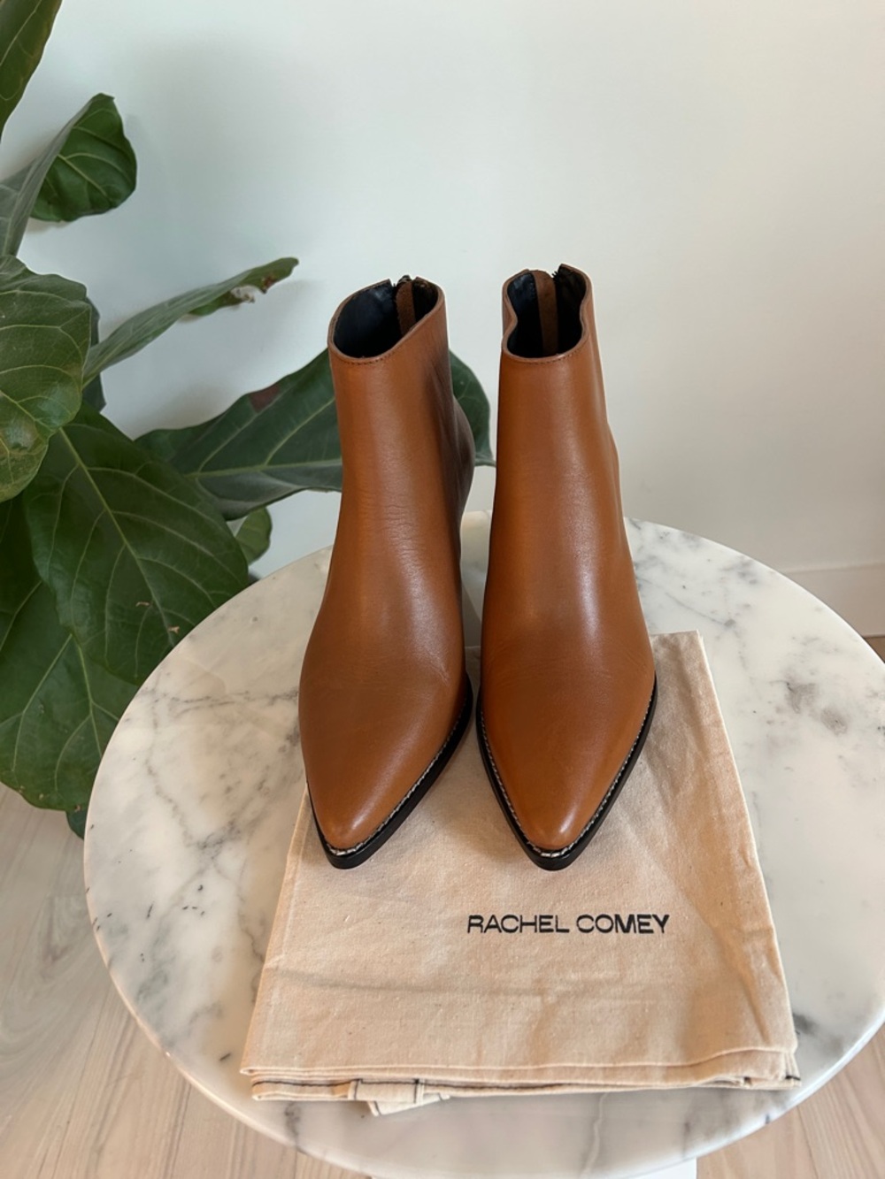 Rachel Comey Cognac Leather Ankle Booties with Block Heel